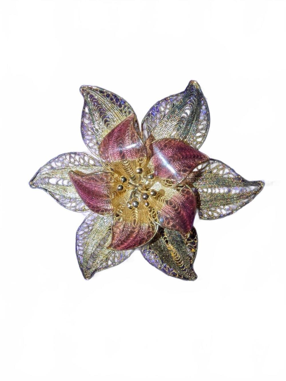 Filigree Flower Brooch Pin with Purple and Gold Petals